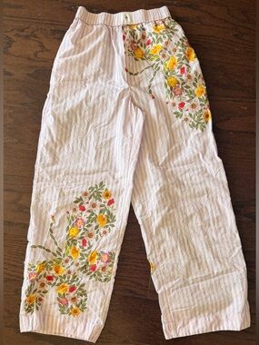 Anthropologie floral wide leg pants XS Boho Cottagecore stripe elastic waist